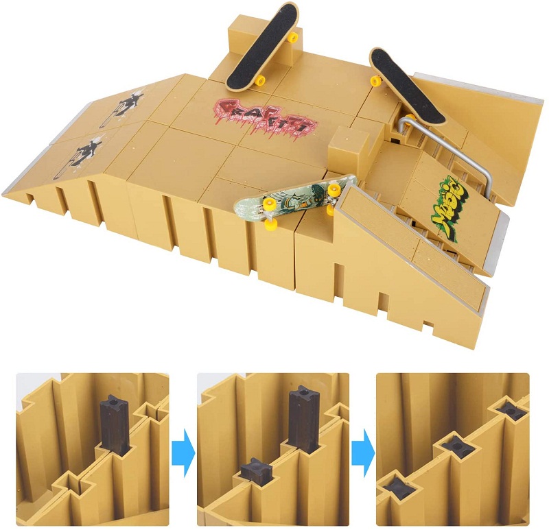 Test - KidsHobby Mini Finger Skateboard Ramp Park Kit avec 8 Finger Board Site Skate Parties et 3 Planches à Doigts (Jaune Foncé)